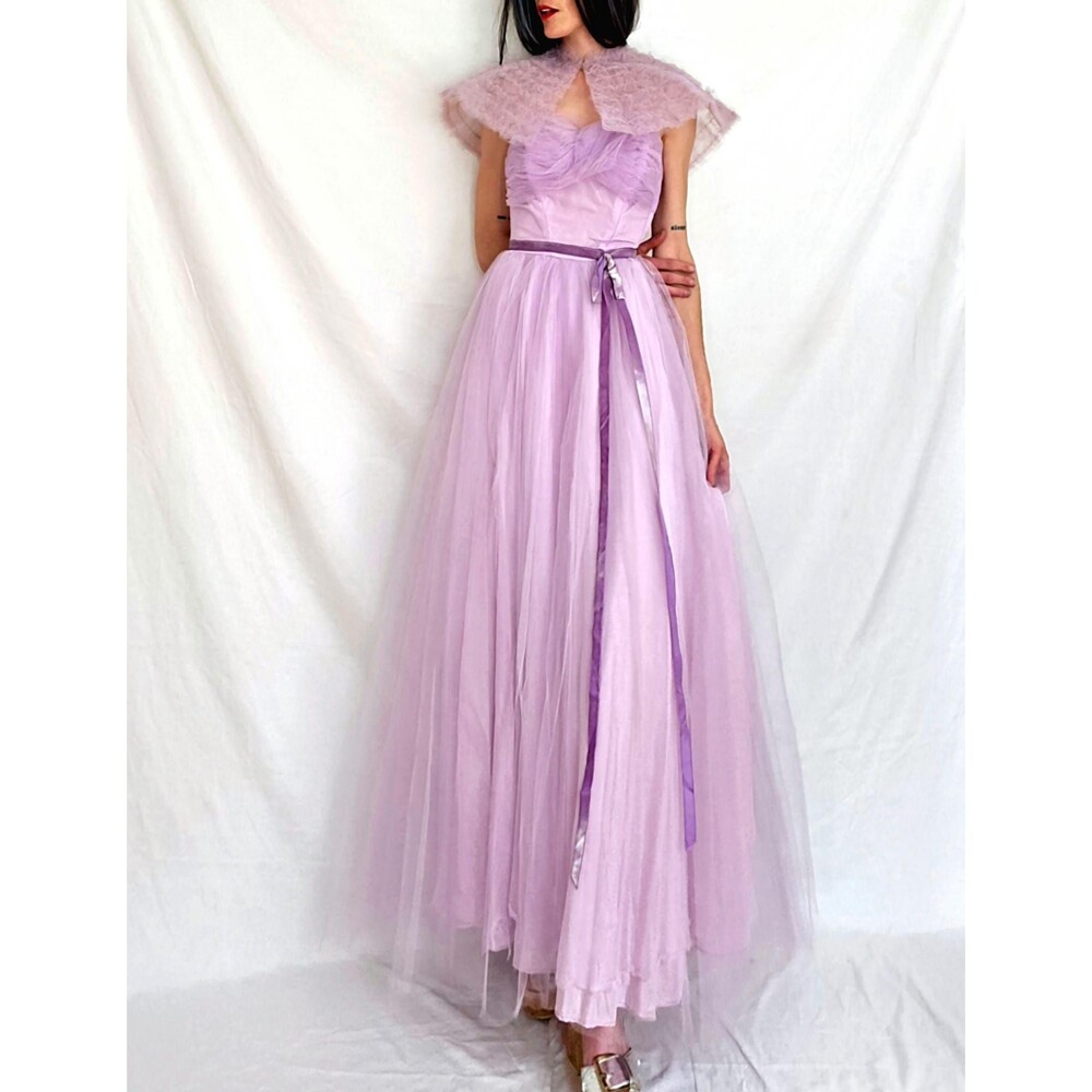 1940s Strapless Tulle Evening Gown: Vintage Prom, Bridesmaid Dress w/Cape XS